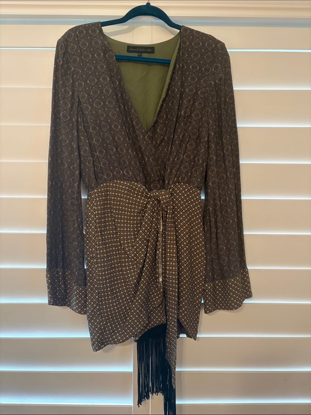 House of Harlow 1960 Olive and Brown Printed Long-Sleeve Wrap Dress